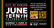 Juneteenth celebration graphic with bold lettering in black, red, green, and gold design.