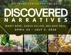 Discovered Narratives postcard design featuring artwork by three artists on green background