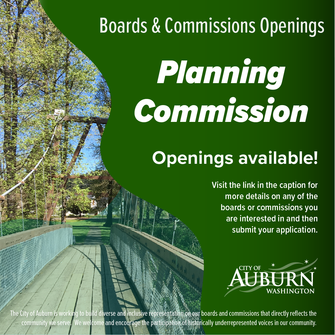 Green graphic with bridge photo promoting Planning Commission openings and inviting residents to apply for boards and commissions.