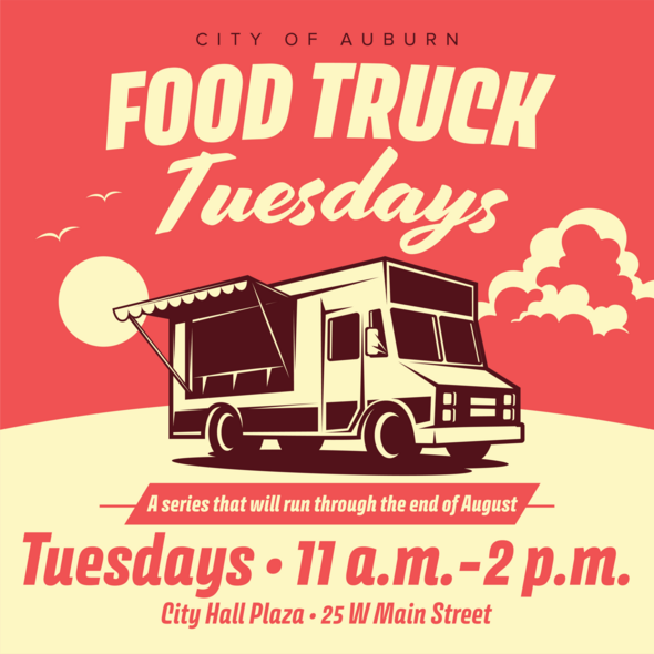 Retro-style graphic of a food truck promoting Food Truck Tuesdays at City Hall Plaza, Tuesdays 11 a.m. to 2 p.m.