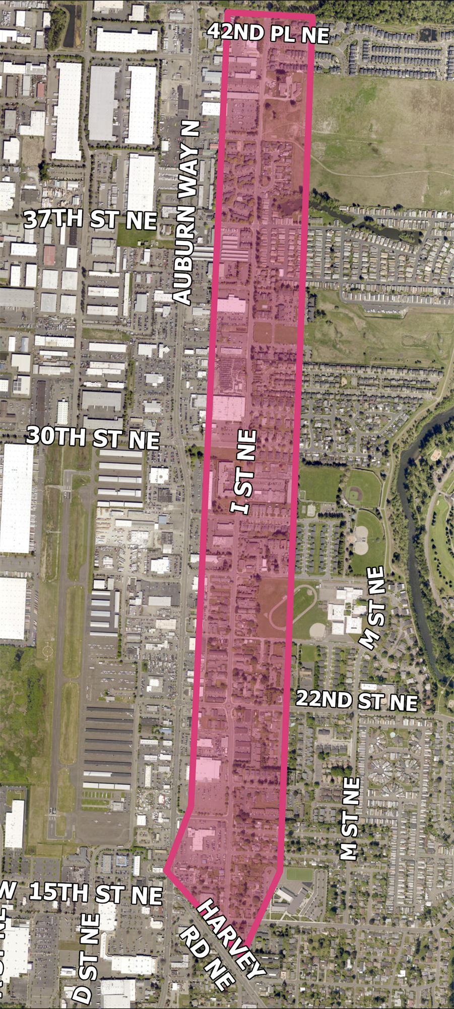 Map highlighting the I Street NE corridor from Harvey Road NE to 42nd Place NE for a neighborhood traffic safety project.