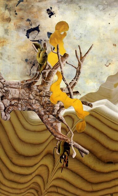 Collage depicting a sideways tree with blob-like objects in its branches overlaid on a surreal desert-like background