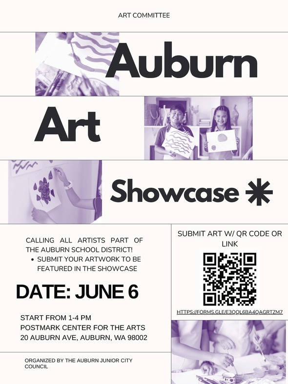 Auburn Art Showcase flyer with event date, location and art submission details.