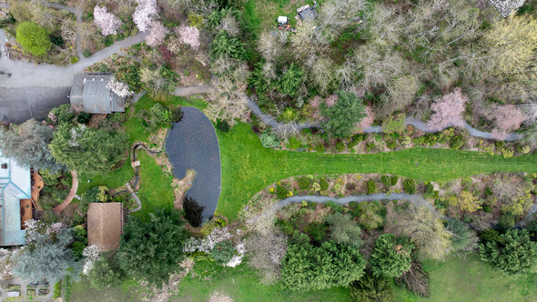 Aerial view of a garden with paths, trees, lawns and a pond.