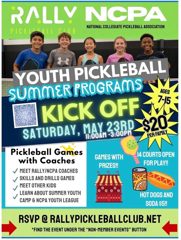 Youth pickleball kickoff flyer with event details, games, prizes and registration link.