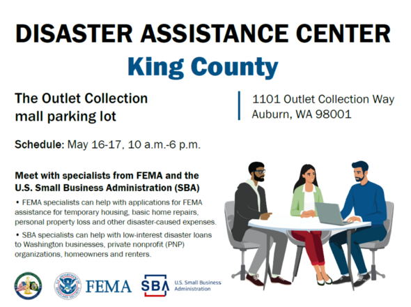 Disaster Assistance Center flyer with Auburn location, May 16-17 schedule and FEMA/SBA assistance details.