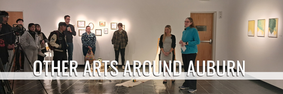 Header graphic with title, "Other Arts Around Auburn" over an image of a crowd of people listening to a curator speak in an art gallery 