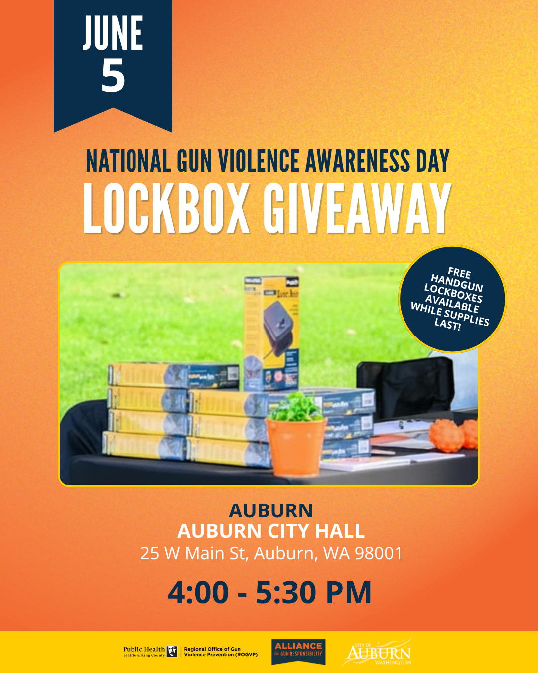 Orange flyer for a June 5 lockbox giveaway at Auburn City Hall for National Gun Violence Awareness Day.