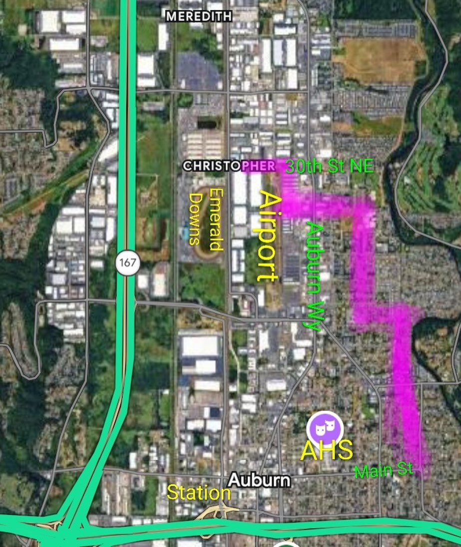 Satellite map of Auburn with highlighted streets near Auburn Way, 30th Street NE, Main Street and the airport.