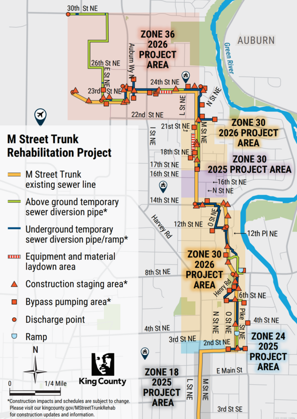 Map showing M Street Trunk sewer rehabilitation project areas and temporary sewer diversion routes in Auburn.