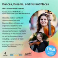 Flyer for Dances, Dreams, and Distant Places, a free June 2 all-ages violin concert.