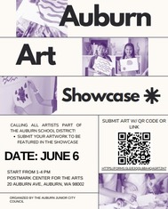 Flyer for the June 6 Auburn Art Showcase at Postmark Center for the Arts.
