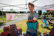 Vendor holds out a basket of strawberries at a farmers market booth.