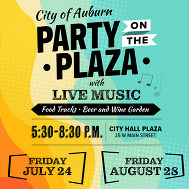 Colorful Party on the Plaza flyer promoting live music, food trucks, drinks, dates and location.
