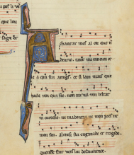 A medieval manuscript page featuring musical notation, handwritten text and a decorative illuminated letter.