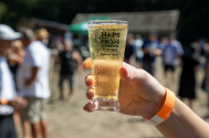 A hand raises a sample glass of cider at the Hops and Crops Music and Beer Festival.