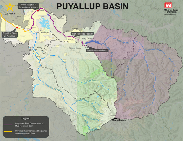 Map of the Puyallup Basin showing Mud Mountain Dam, major rivers and regulated flows to Auburn and Puyallup.