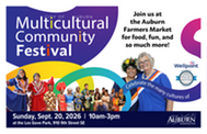 Flyer for Auburn’s Multicultural Community Festival, Sept. 20, 2026, from 10 a.m. to 3 p.m. at Les Gove Park.