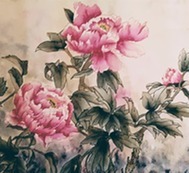 Traditional-style painting of pink peonies with green leaves.