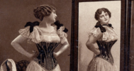 A drawing of a woman looking at herself in the mirror 