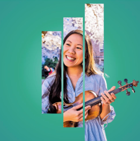 Smiling woman plays a ukulele against a teal background, framed by panels showing flowering trees.