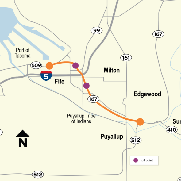Map shows the planned SR 167 route from Puyallup through Fife to the Port of Tacoma, with three toll points marked.