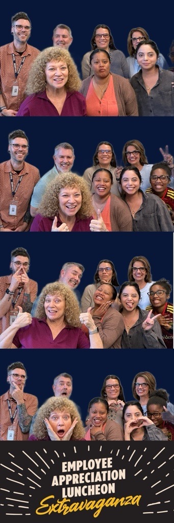 Four-photo booth strip shows eight City employees making playful faces at the Employee Appreciation Luncheon.