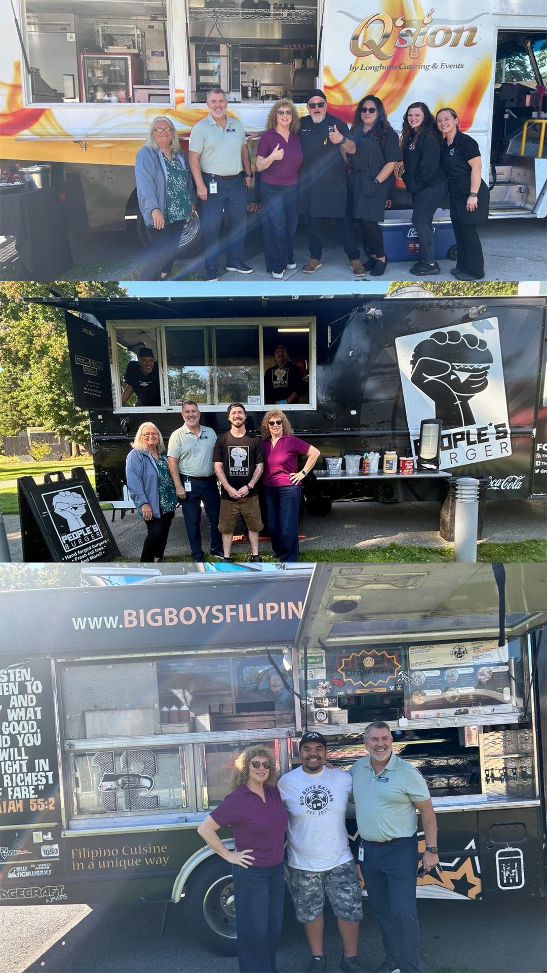 Three photos of people standing in front of food trucks at Les Gove Park