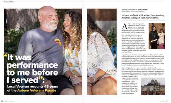 Auburn Magazine spread featuring veteran Jonathan Davenport and his wife Angie, with photos from his military service.