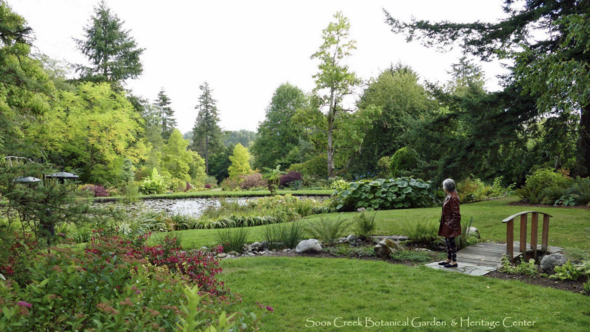 View of Soos Creek Botanical Garden featuring a pond, lush landscaping, trees and a small wooden bridge.