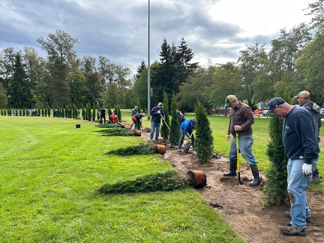 a group of volunteers plant trees in Brannan Park 