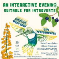 Illustrated poster promoting a free Oct. 10 interactive evening for introverts with workshops and live performances.