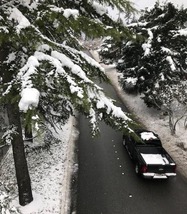 Aerial photo of a truck driving on a street with snow on trees and the side of the roadway.