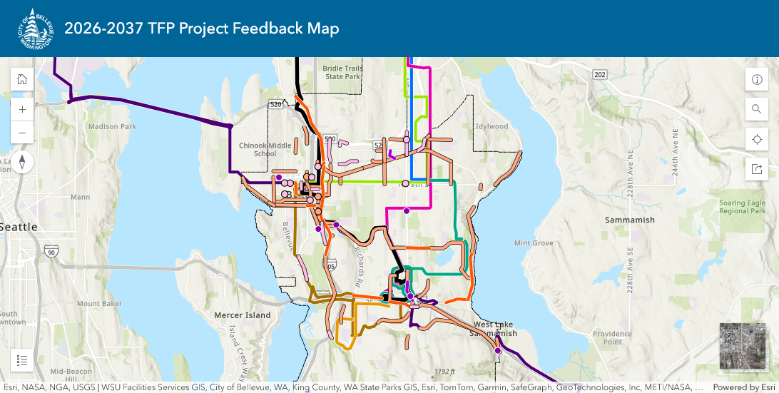 A map of the City of Bellevue with different colored lines. It has the title "2026-2037 TFP Project Feedback Map"