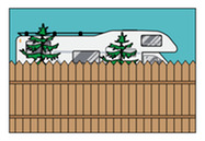 Graphic showing a recreational vehicle behind a fence; trees are also visible