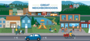 Great neighborhoods graphic with illustration of people in a neighborhood