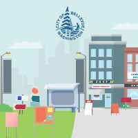 Graphic shows drawing of buildings with signs of various sizes, shapes and types in the foreground and background.