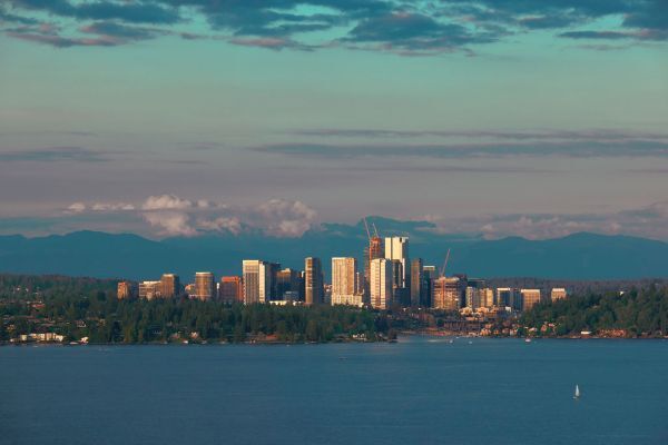 Photo shows Bellvue skyline from distance with water in front. 