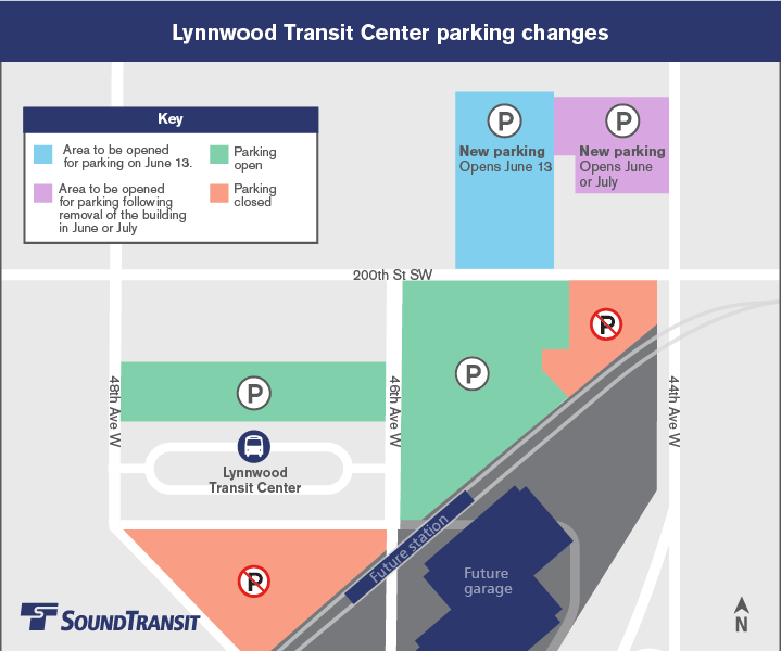 Map showing parking areas at Lynnwood Transit Center - Shifting due to construction June 13, 2022 to Spring 2023