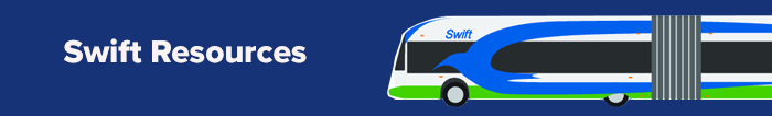 Illustration of Community Transit Swift bus with title, "Swift Resources"
