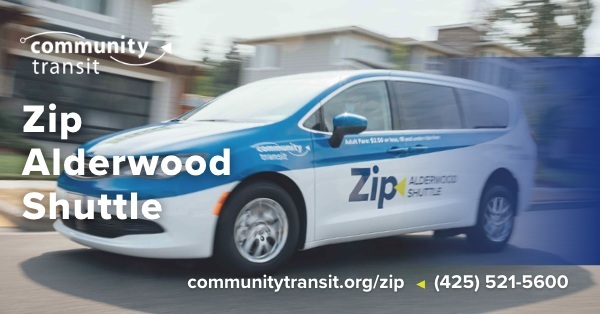Community Transit's Zip Alderwood Shuttle on a residential street.