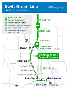 Map of the Swift Green Line Extension proposed and evaluated stations. 