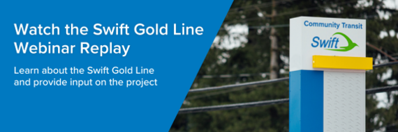 A Swift station with a sign symbolizing the future Swift Gold Line