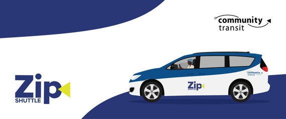 An illustration of a Zip Shuttle vehicle along with the Zip Shuttle and Community Transit logos