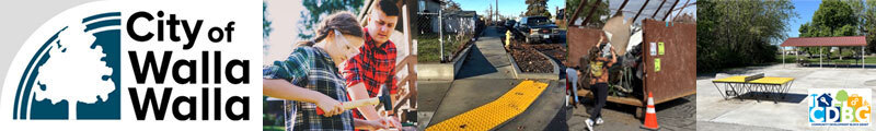 A young person using a hammer; a new sidewalk and ADA ramp; people throwing trash into a dumpster; a new picnic shelter in a park