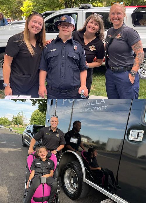 Combination photos show three members of Walla Walla Fire Department and Police Chief Chris Buttice with their Chiefs for a Day at National Night Out