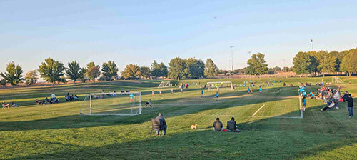 Children play soccer on soccer fields while family members and a dog watch them