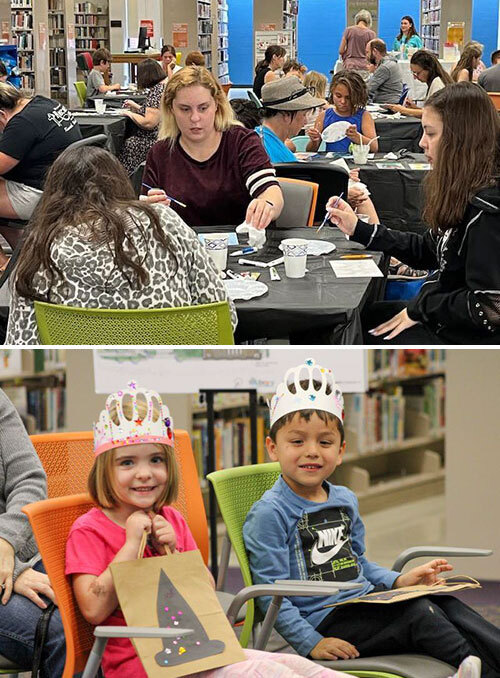Library patrons make crafts and beverages, and two young library patrons hold paper gift bags decorated with witch hats and glitter