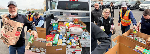 People place donated food items in large boxes in the bed of a pickup