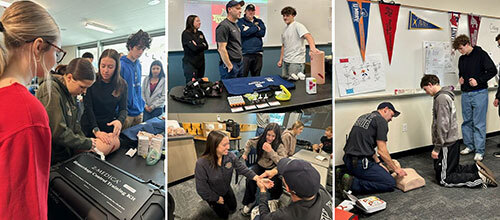 Fire personnel demonstrate various live-saving techniques to high-school students